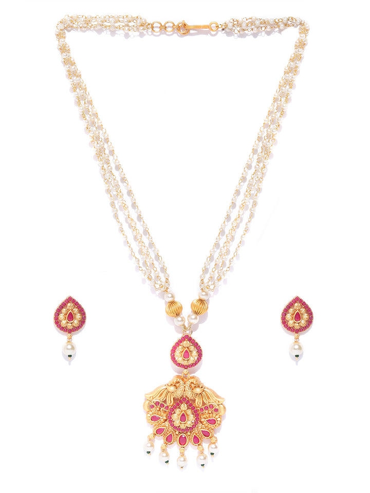 White Beads Pearls Ruby Gold Plated Peacock Jewellery Set