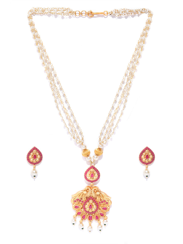 White Beads Pearls Ruby Gold Plated Peacock Jewellery Set
