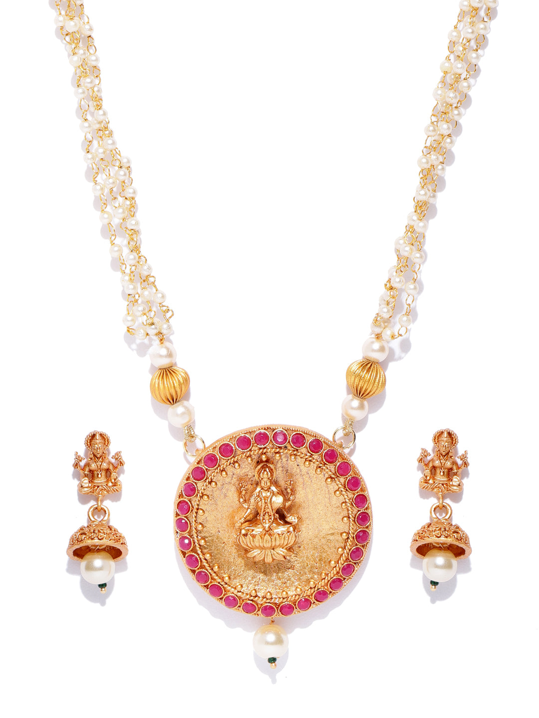 White Beads Pearls Ruby Gold Plated Temple Jewellery Set