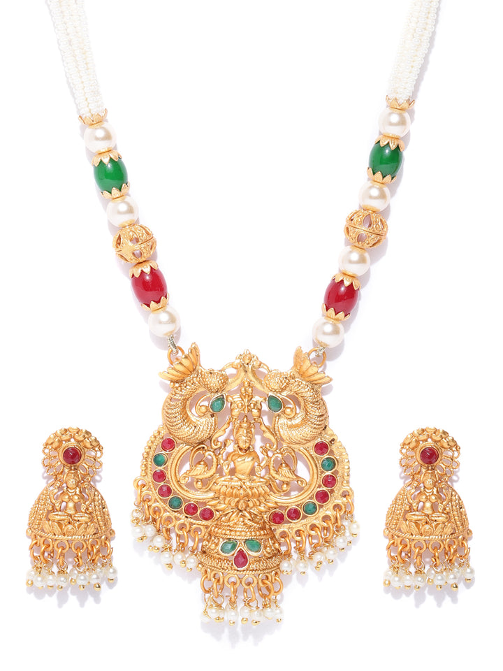 White Beads Ruby Emerald Pearls Gold Plated Temple Jewellery Set