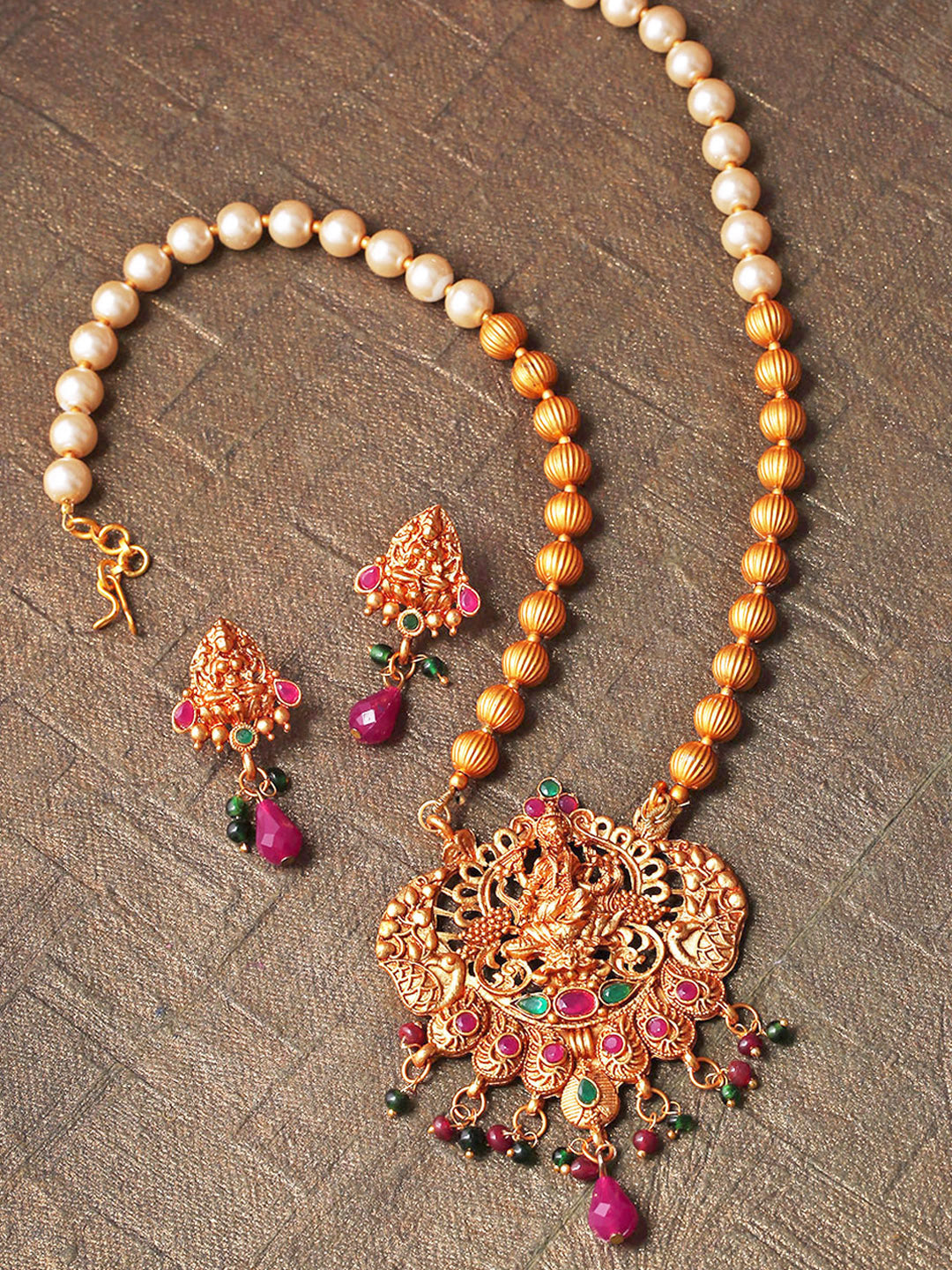 Ruby Emerald Beads Pearls Gold Plated Temple Jewellery Set