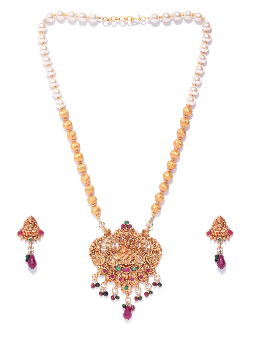 Ruby Emerald Beads Pearls Gold Plated Temple Jewellery Set