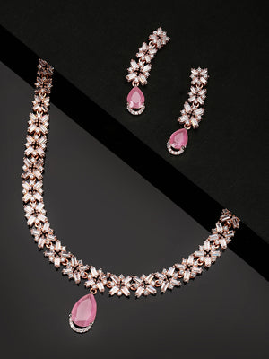 Pink Stones American Diamond Rose Gold Plated Jewellery Set – Priyaasi