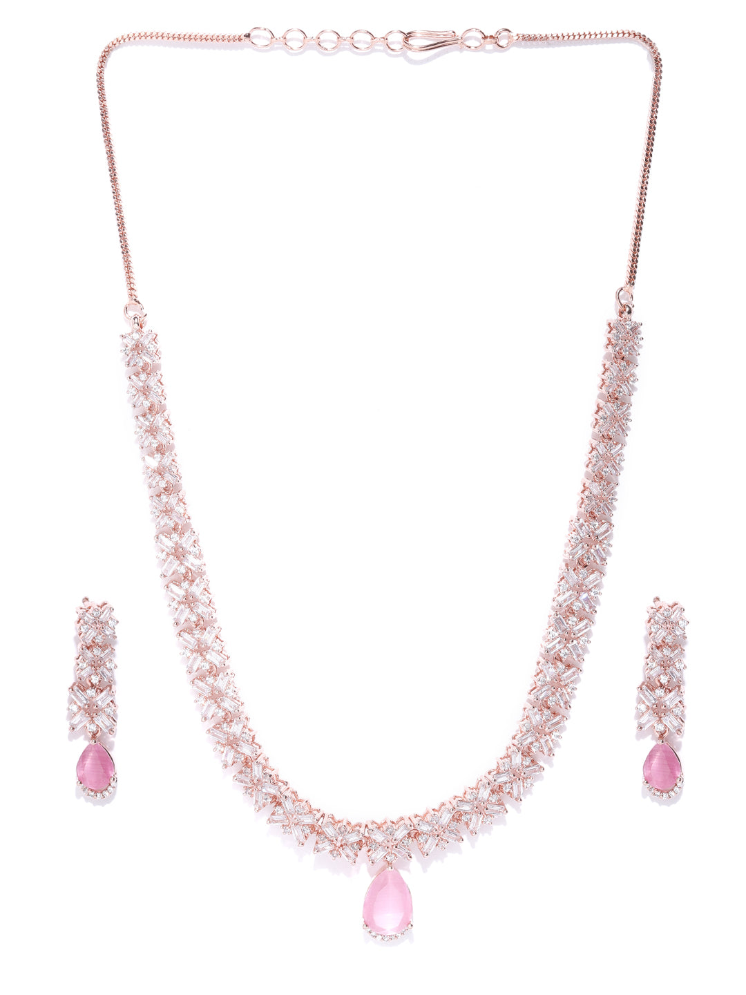 Voylla Rose Gold Plated American Diamond CZ Necklace Set with Pink Stone (Onesize) by Myntra