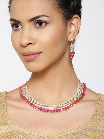 Pink Ruby American Diamond Gold Plated Jewellery Set