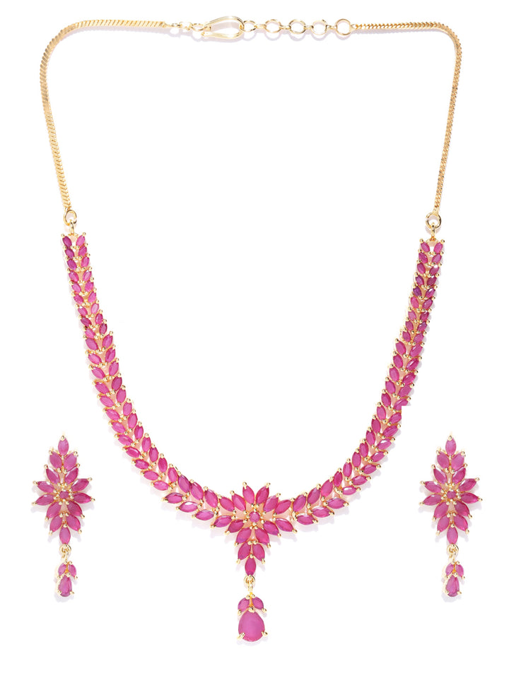 Pink Ruby Gold Plated Floral Jewellery Set