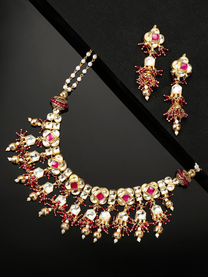 White Ruby Kundan Beads Gold Plated Jewellery Set