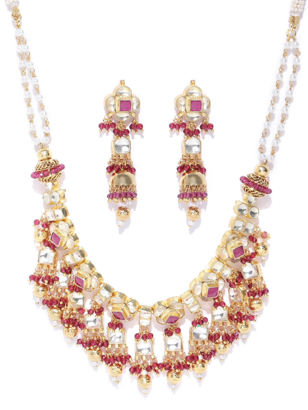 White Ruby Kundan Beads Gold Plated Jewellery Set