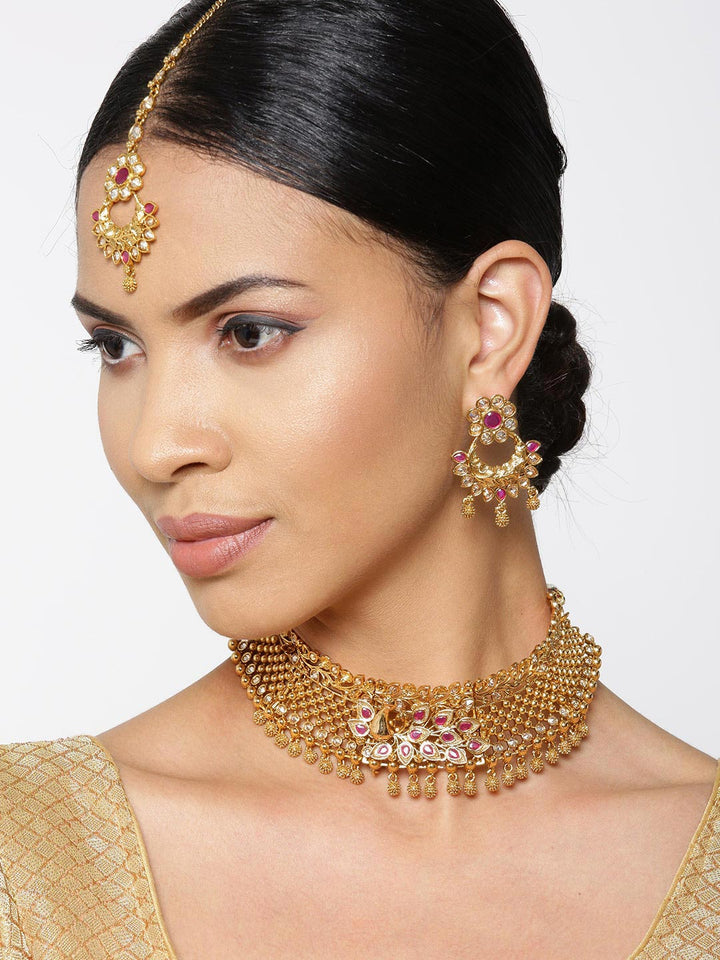 Ruby Kundan Gold Plated MaangTika Jewellery Set