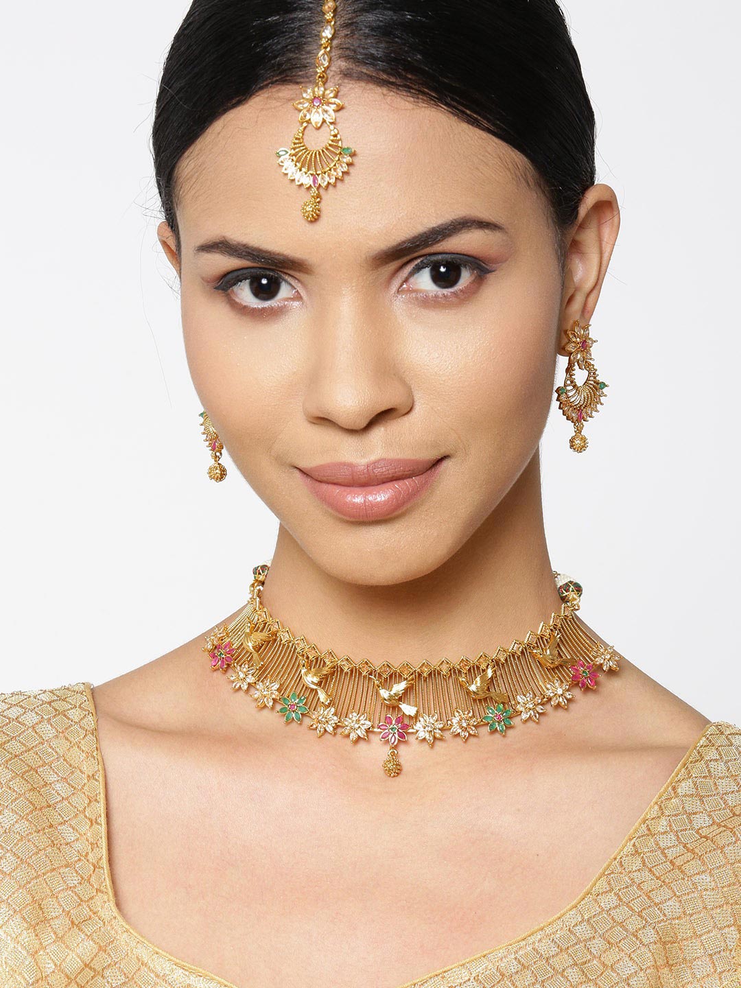 Ruby Emerald Gold Plated Floral MaangTika Jewellery Set