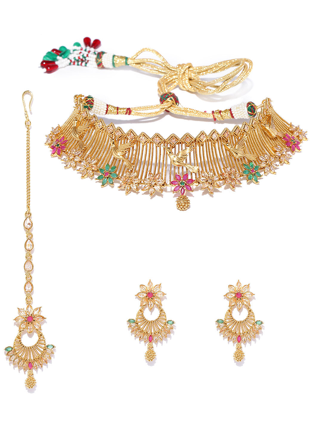 Ruby Emerald Gold Plated Floral MaangTika Jewellery Set