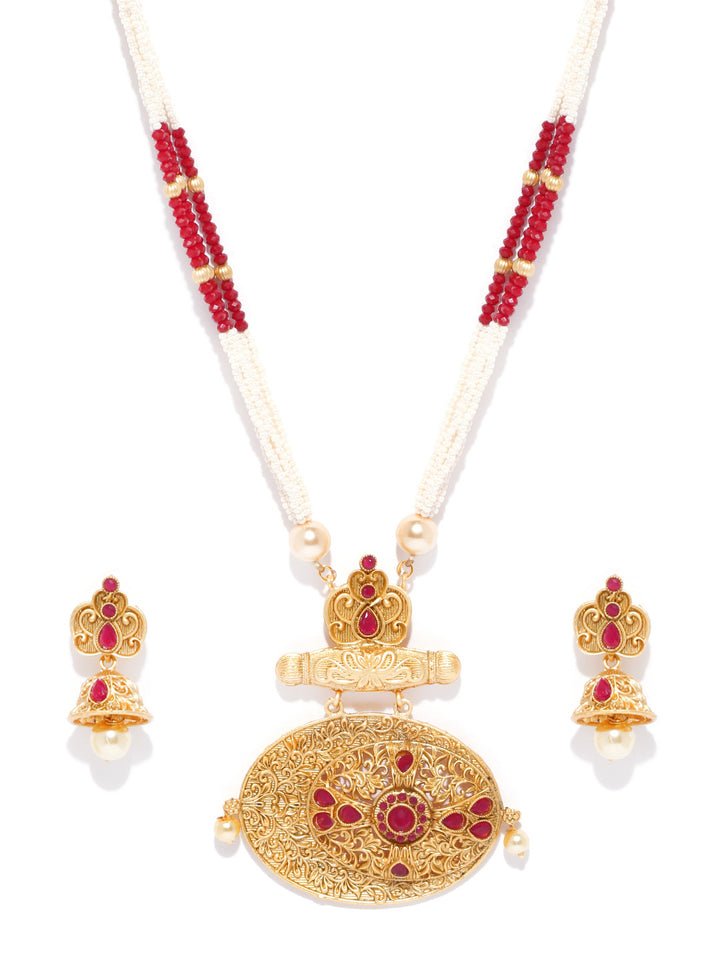 White Red Beads Ruby Gold Plated Jewellery Set