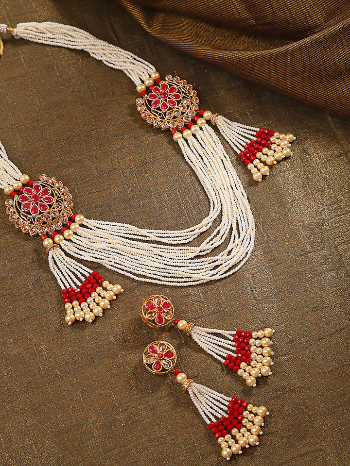 White Beads Ruby Pearls Gold Plated Ranihaar Jewellery Set