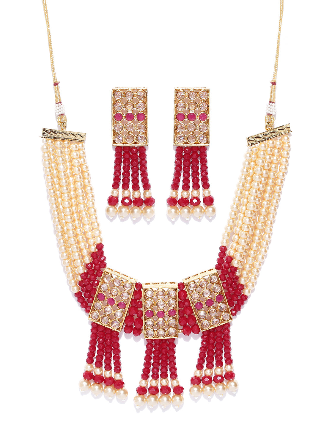 Red Yellow Beads Pearls Gold Plated Jewellery Set