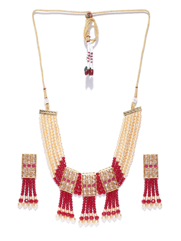 Red Yellow Beads Pearls Gold Plated Jewellery Set