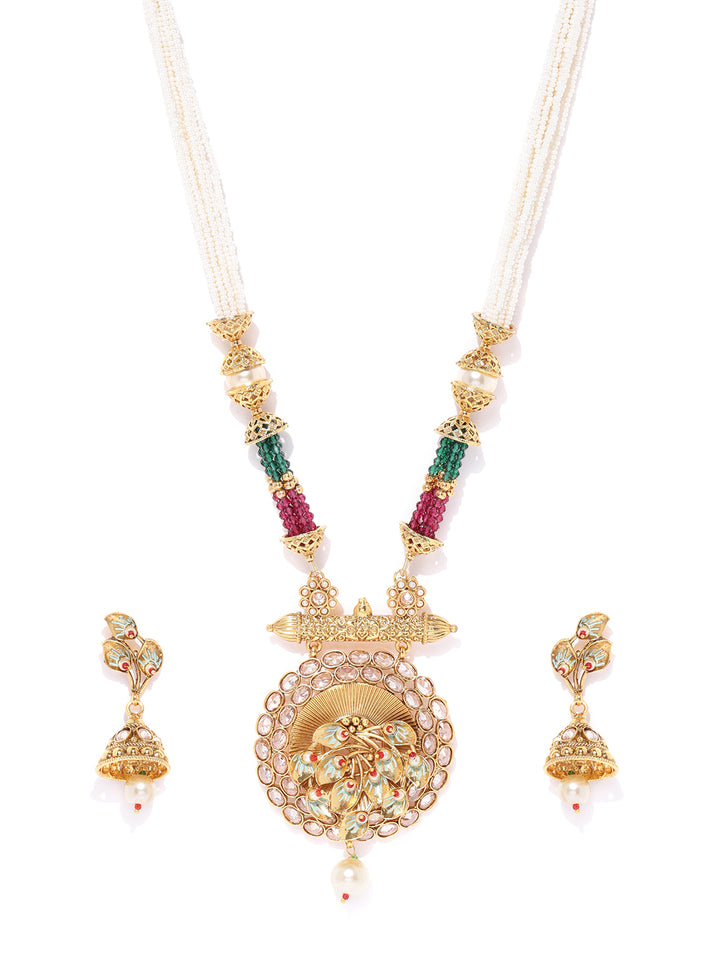 White Beads Kundan Pearls Gold Plated Jewellery Set