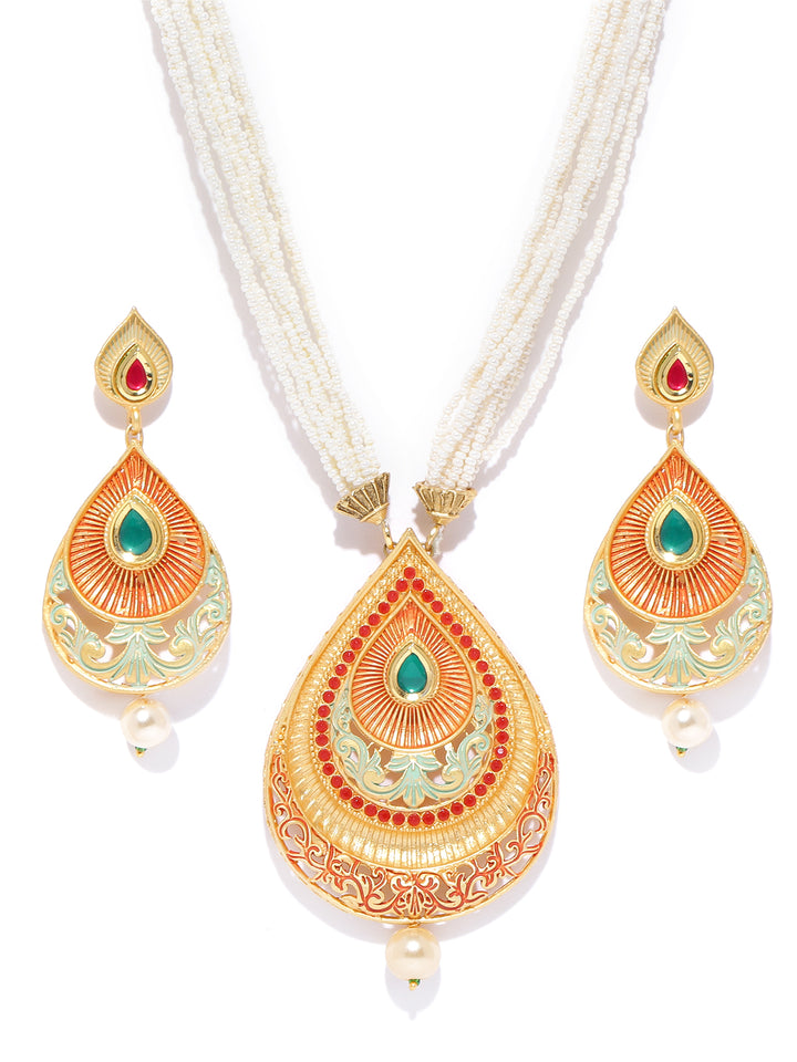 White Beads Pearls Gold Plated Paisley Jewellery Set