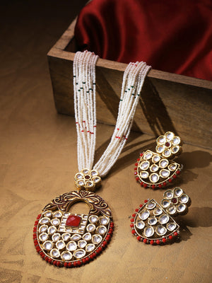 White Beads Kundan Ruby Gold Plated Jewellery Set