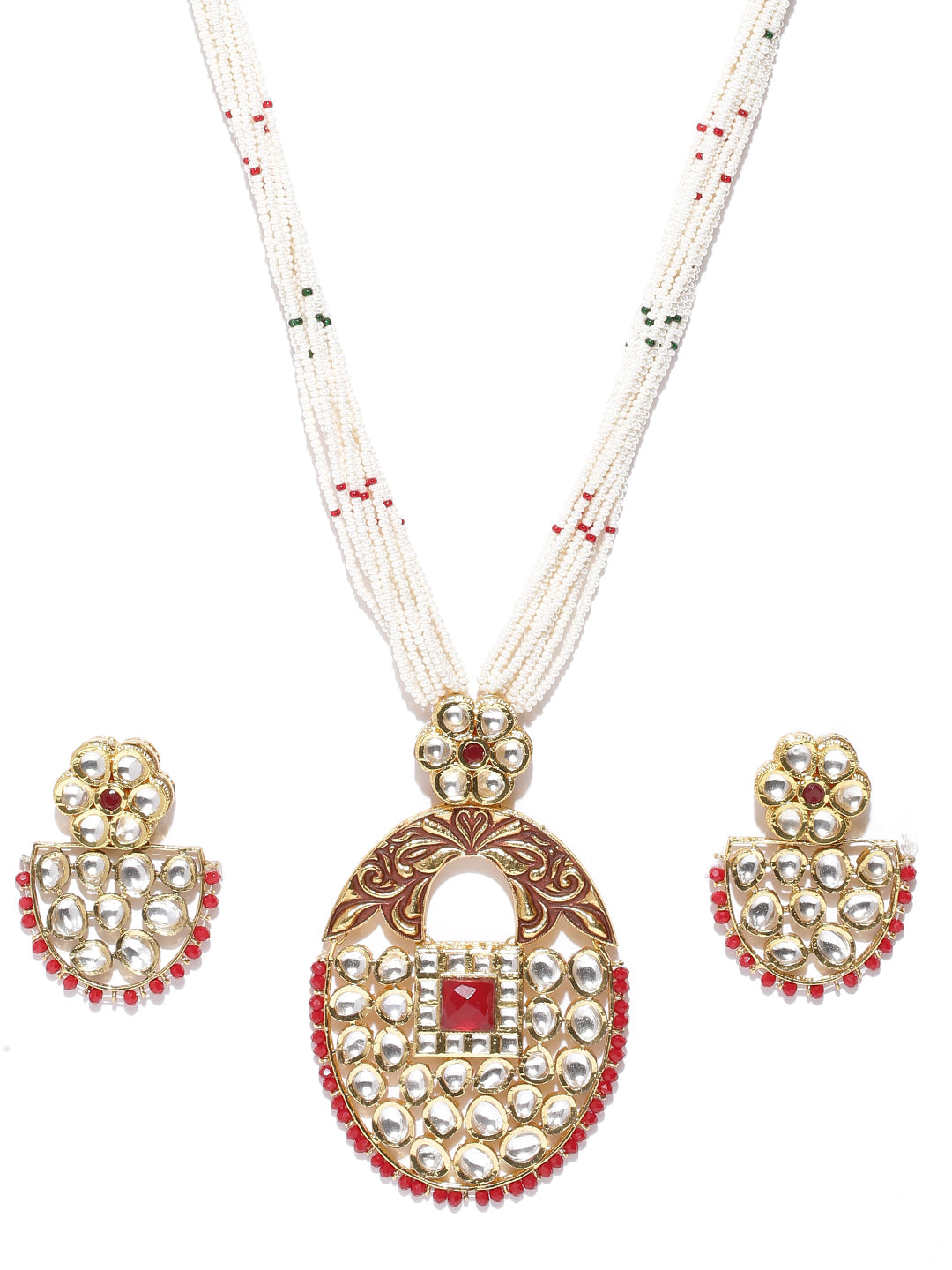 White Beads Kundan Ruby Gold Plated Jewellery Set
