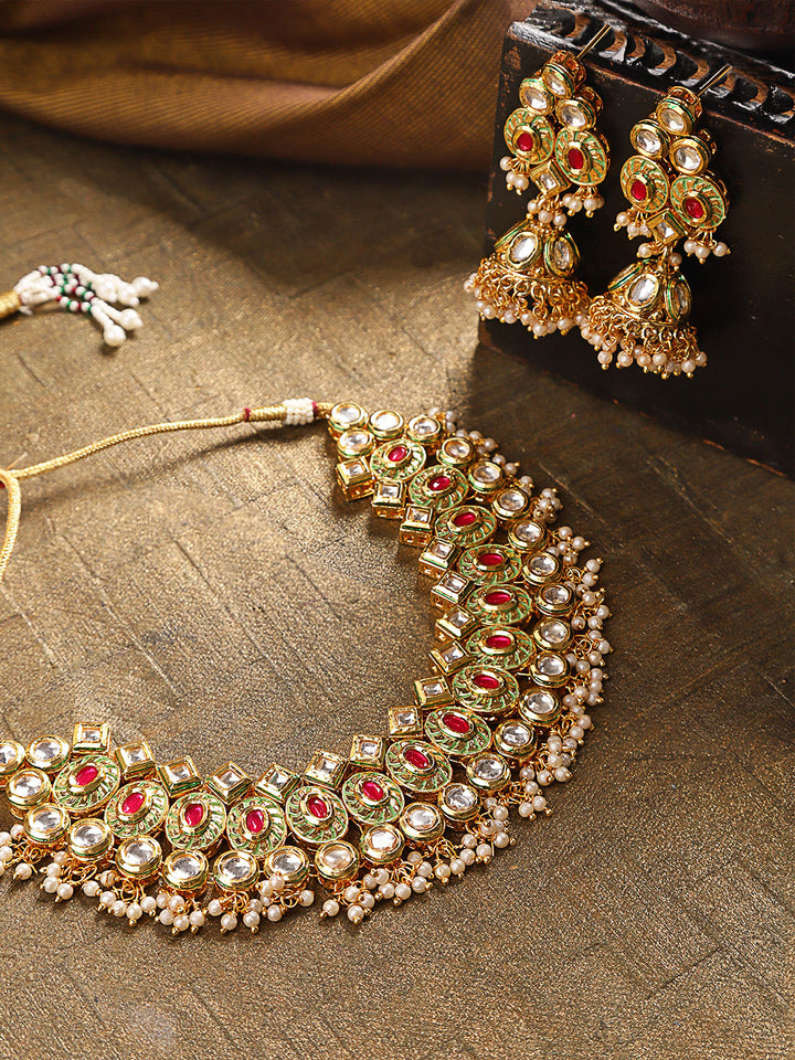 Embellished Stunner - Gold-Plated Kundan Ruby Jewellery Set
