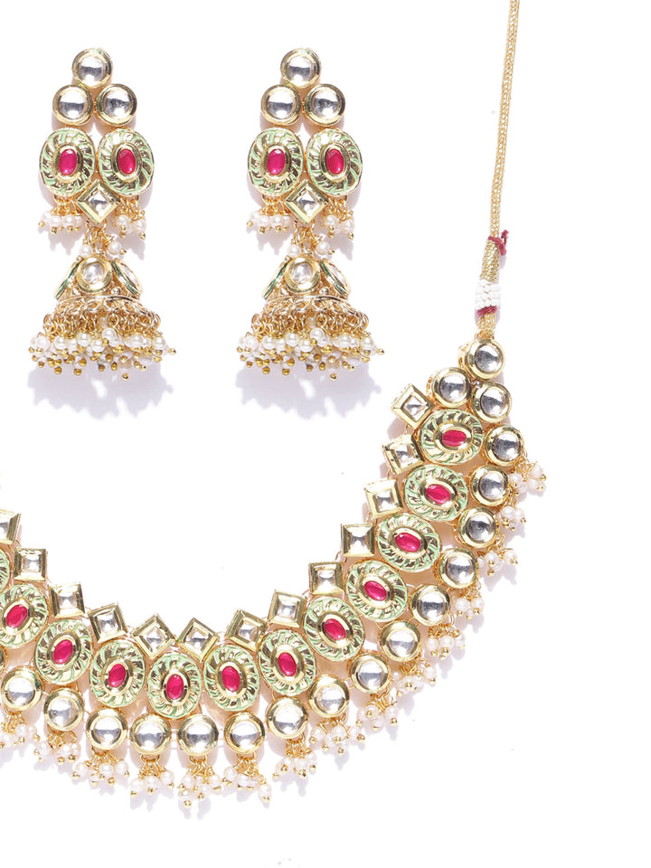 Embellished Stunner - Gold-Plated Kundan Ruby Jewellery Set