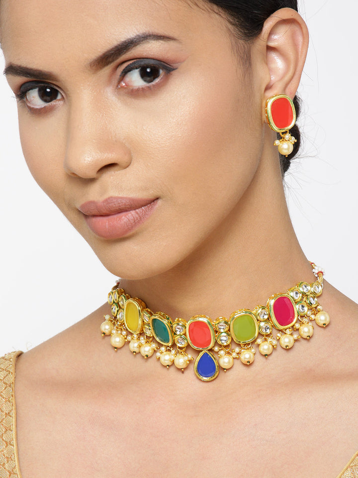 Multi-Color Stones Pearls Kundan Gold Plated Jewellery Set