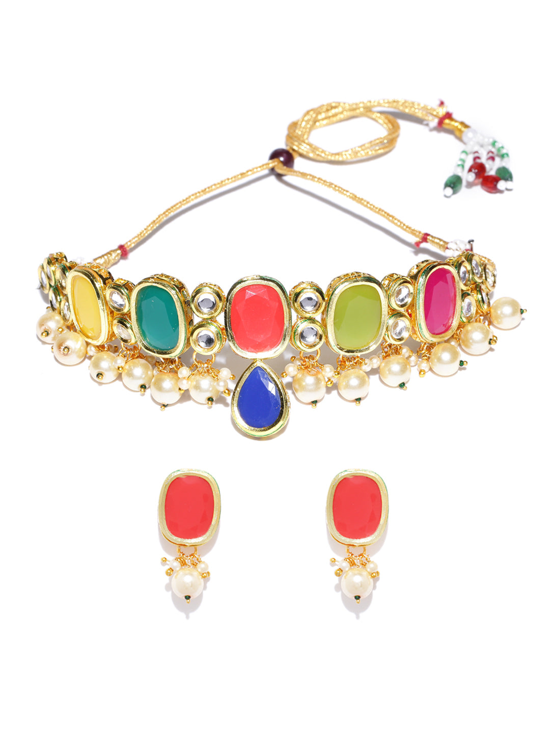 Multi-Color Stones Pearls Kundan Gold Plated Jewellery Set