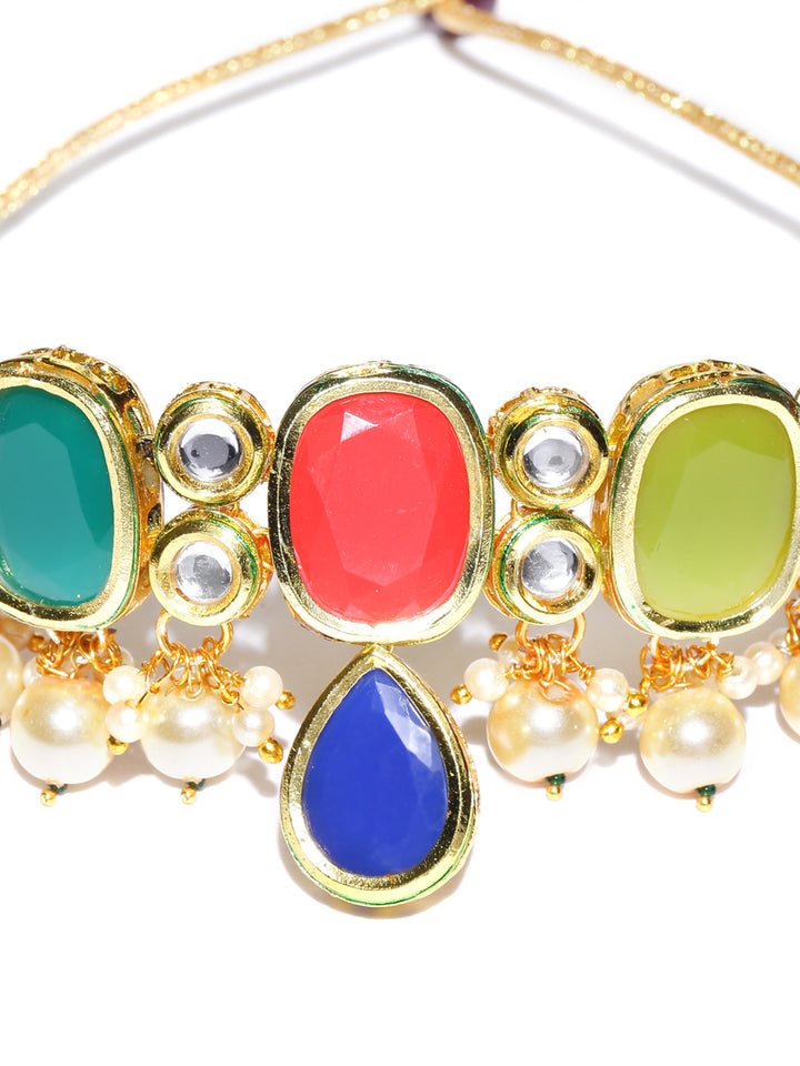 Multi-Color Stones Pearls Kundan Gold Plated Jewellery Set