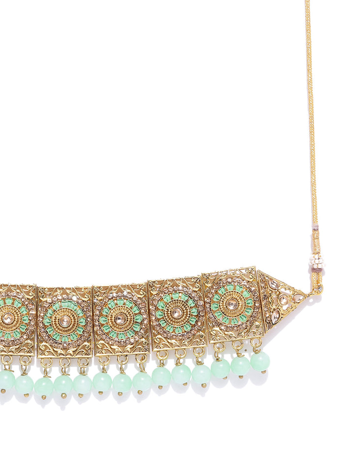Mint Green Beads Pearls Gold Plated Choker
