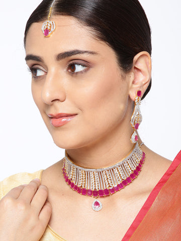 Berry Blush-Pink Ruby American Diamond MaangTikka Jewellery Set