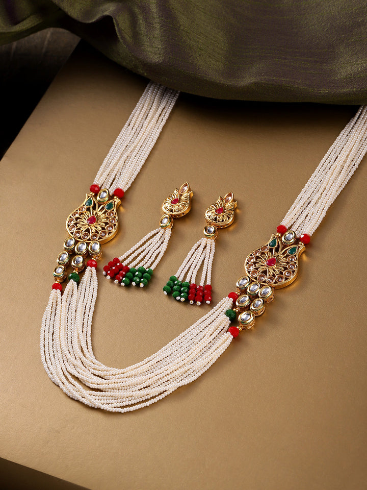 White Beads Kundan Ruby Emerald Gold Plated Ranihaar Jewellery Set