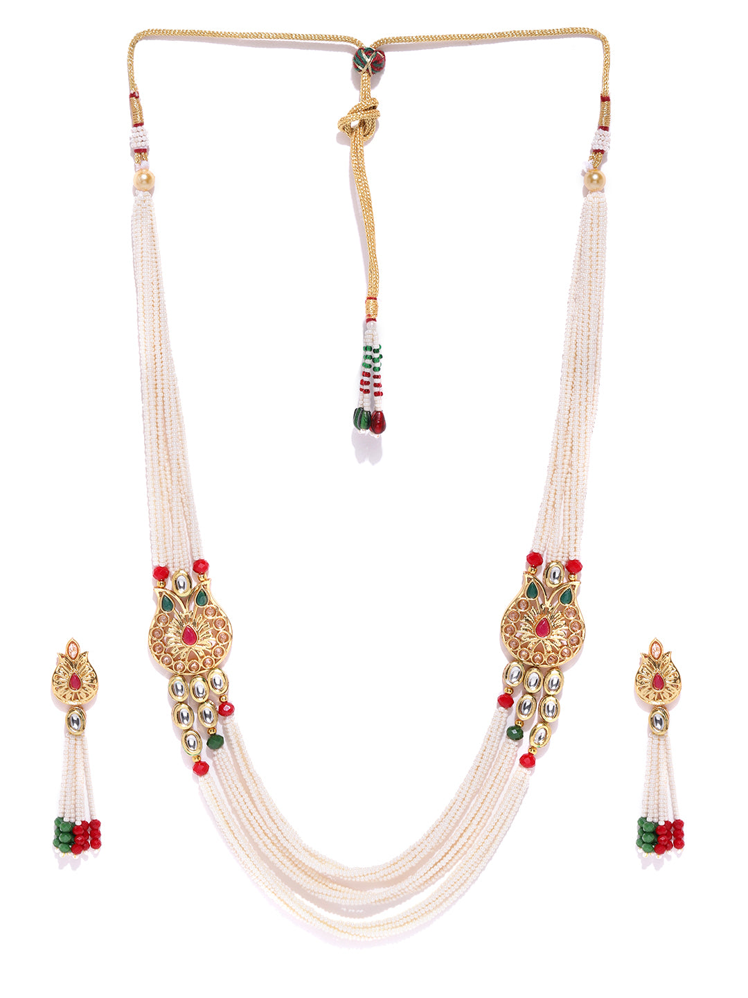 White Beads Kundan Ruby Emerald Gold Plated Ranihaar Jewellery Set