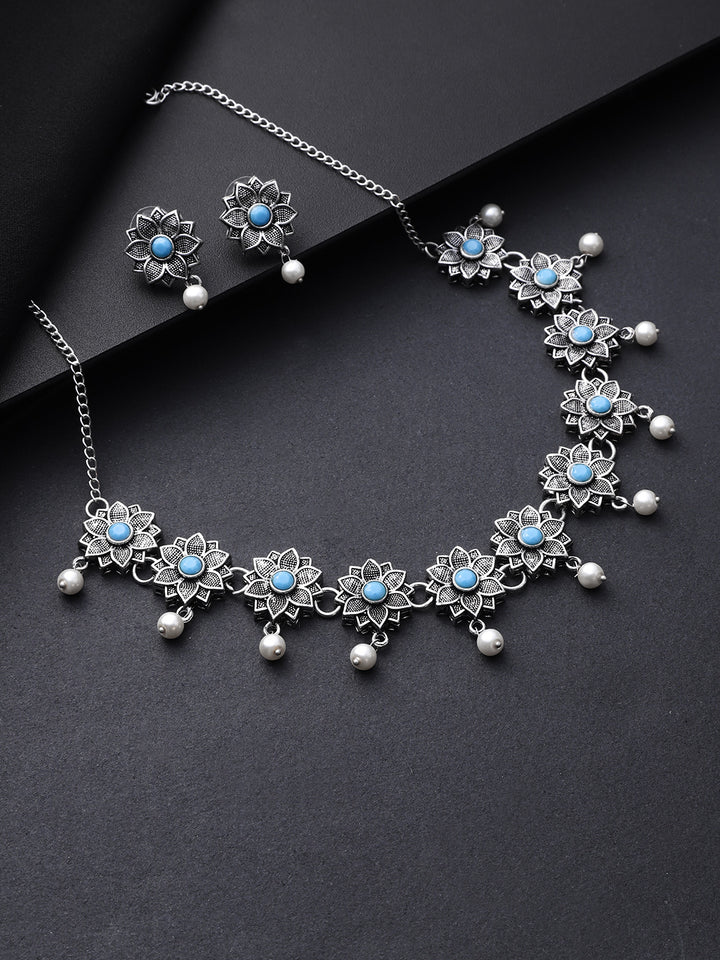 Turquoise Blue Beads Paerls German Silver Oxidised Floral Jewellery Set