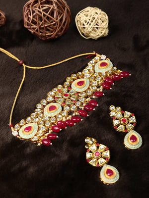Ruby Kundan Beads Gold Plated Meenakari Choker Set