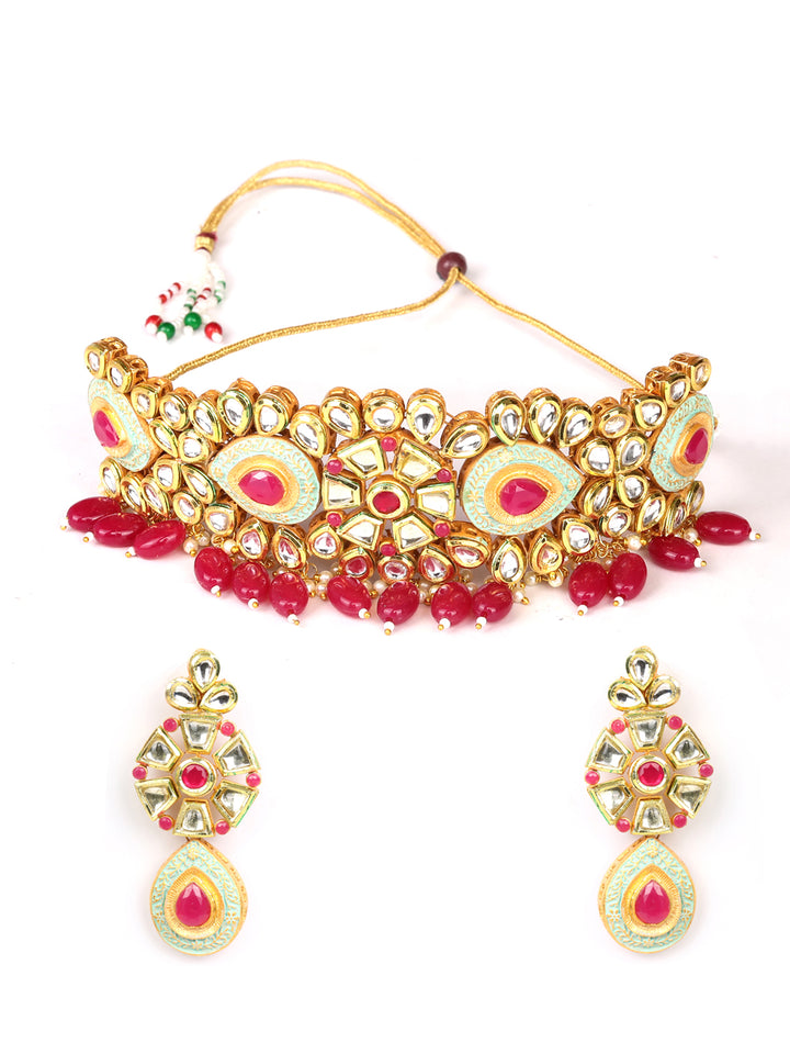 Ruby Kundan Beads Gold Plated Meenakari Choker Set