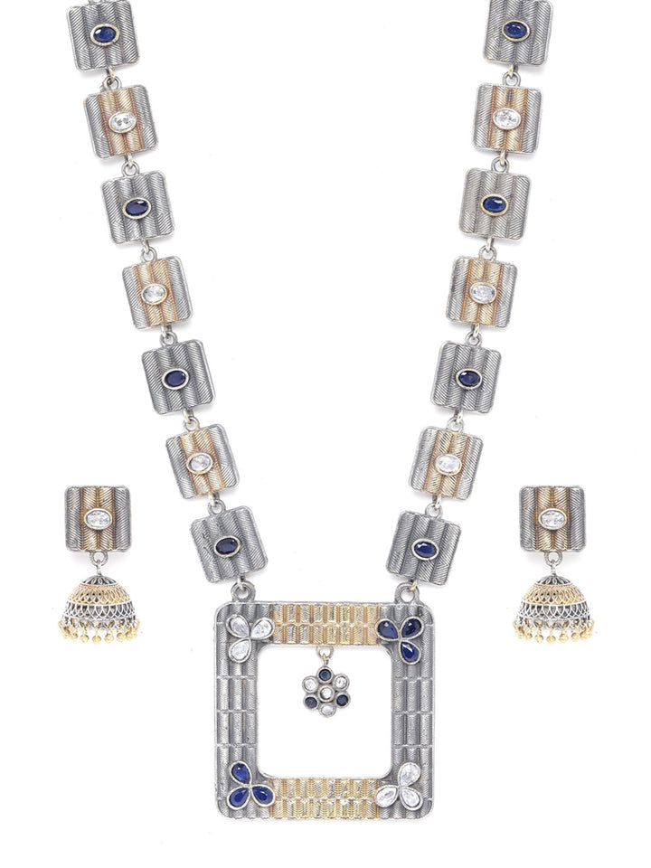 Dual-Toned Blue Stones Kundan Silved Plated Square Jewellery Set