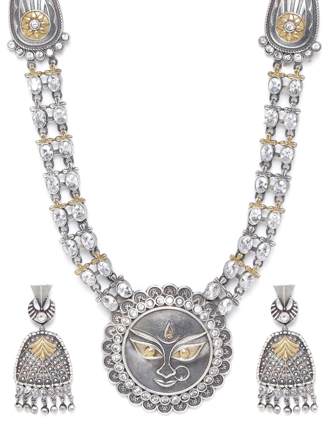 Dual-Toned Cubic Zirconia Silver Plated Durga Temple Jewellery Set