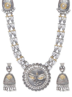 Dual-Toned Cubic Zirconia Silver Plated Durga Temple Jewellery Set
