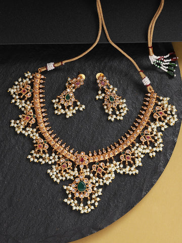 Ruby Emerald Kundan Beads Gold Plated Jewellery Set
