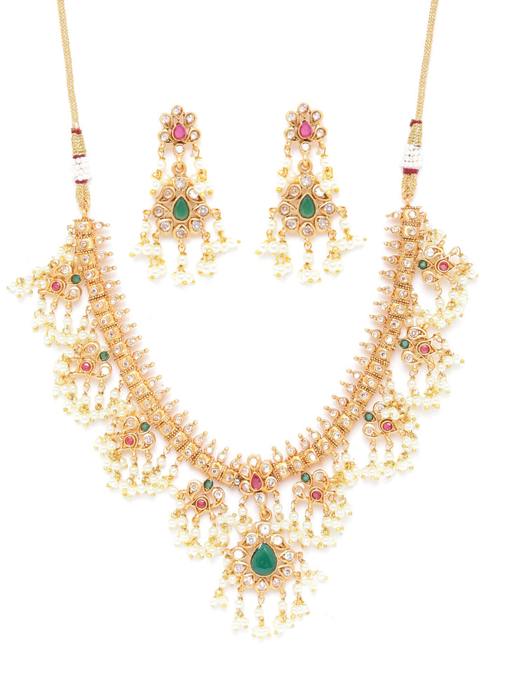 Ruby Emerald Kundan Beads Gold Plated Jewellery Set