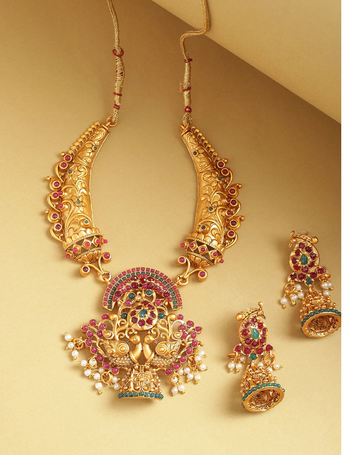 Ruby Emerald Beads Gold Plated Peacock Jewellery Set