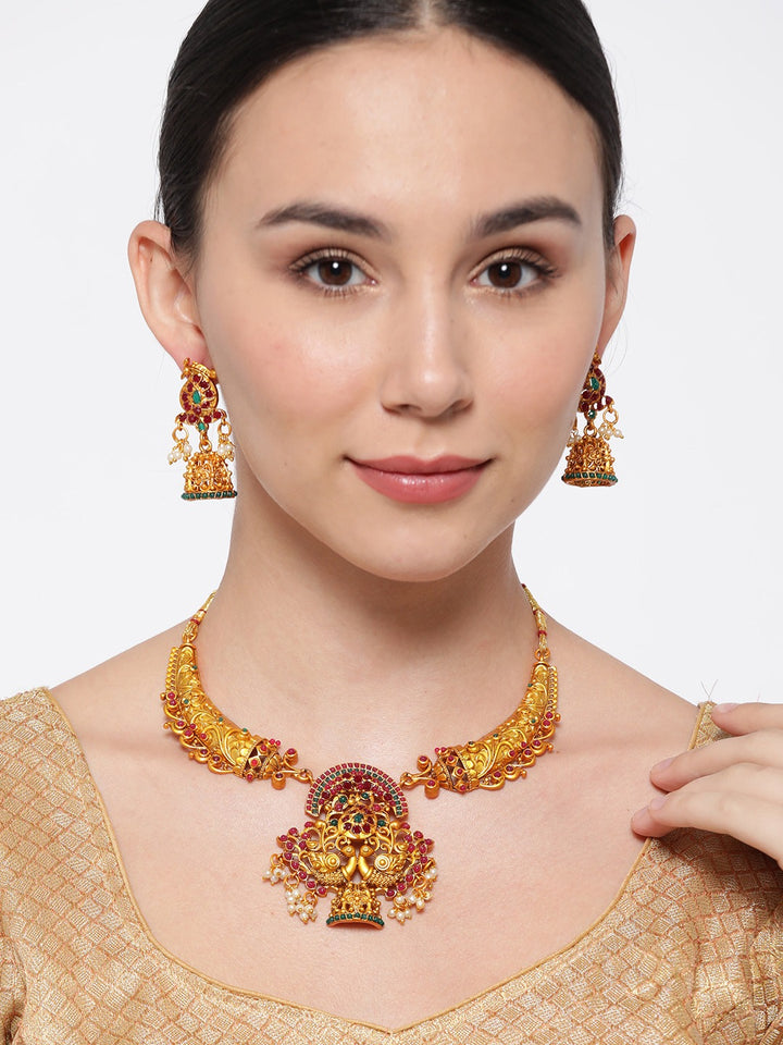 Ruby Emerald Beads Gold Plated Peacock Jewellery Set