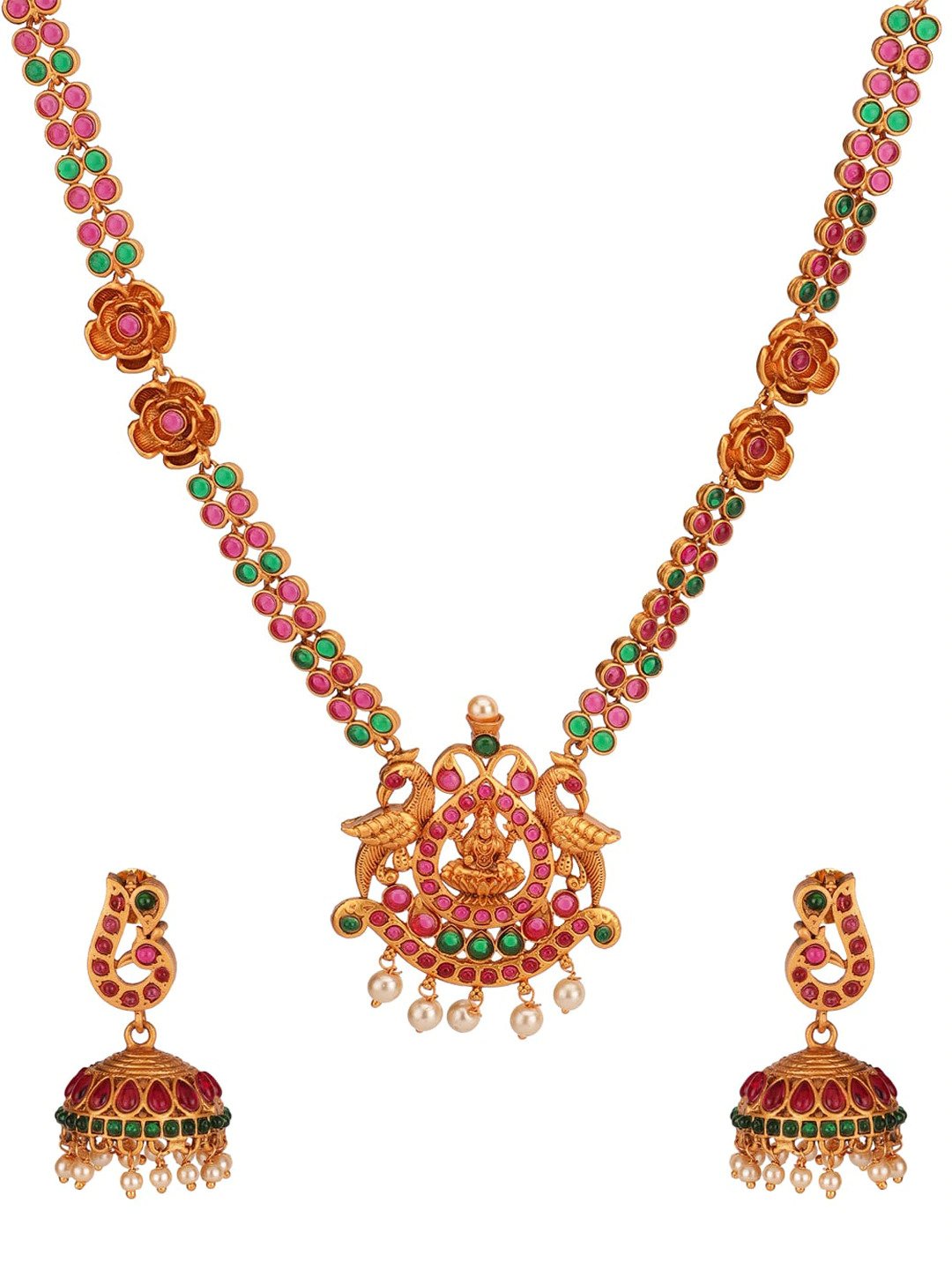 Ruby Emerald Pearls Gold Plated Floral Temple Jewellery Set