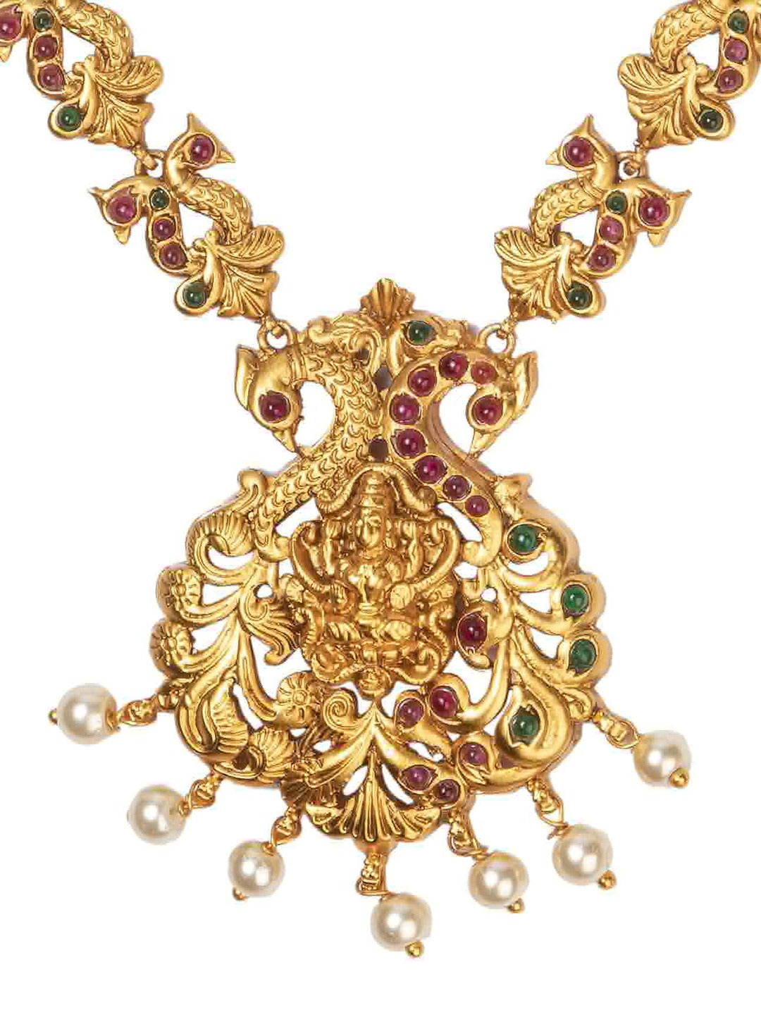 Ruby Emerald Pearls Gold Plated Peacock Temple Jewellery Set