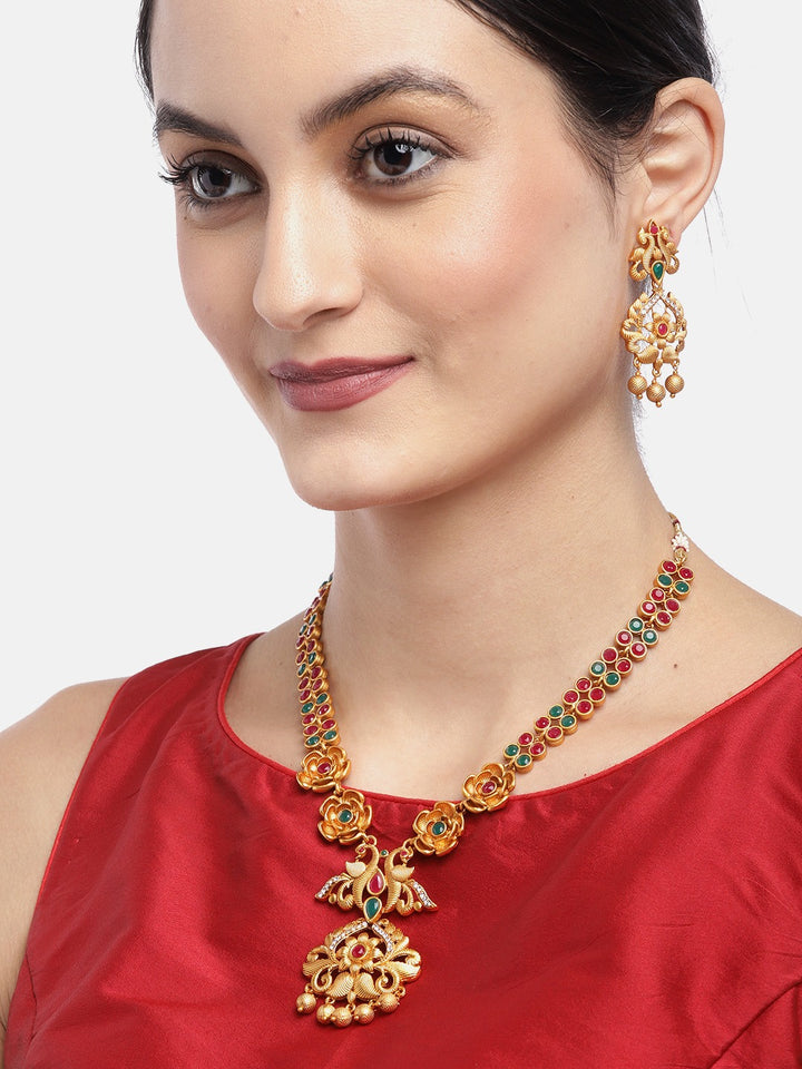 Ruby Emerald Beads Gold Plated Floral Peacock Jewellery Set