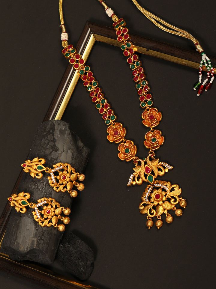 Ruby Emerald Beads Gold Plated Floral Peacock Jewellery Set
