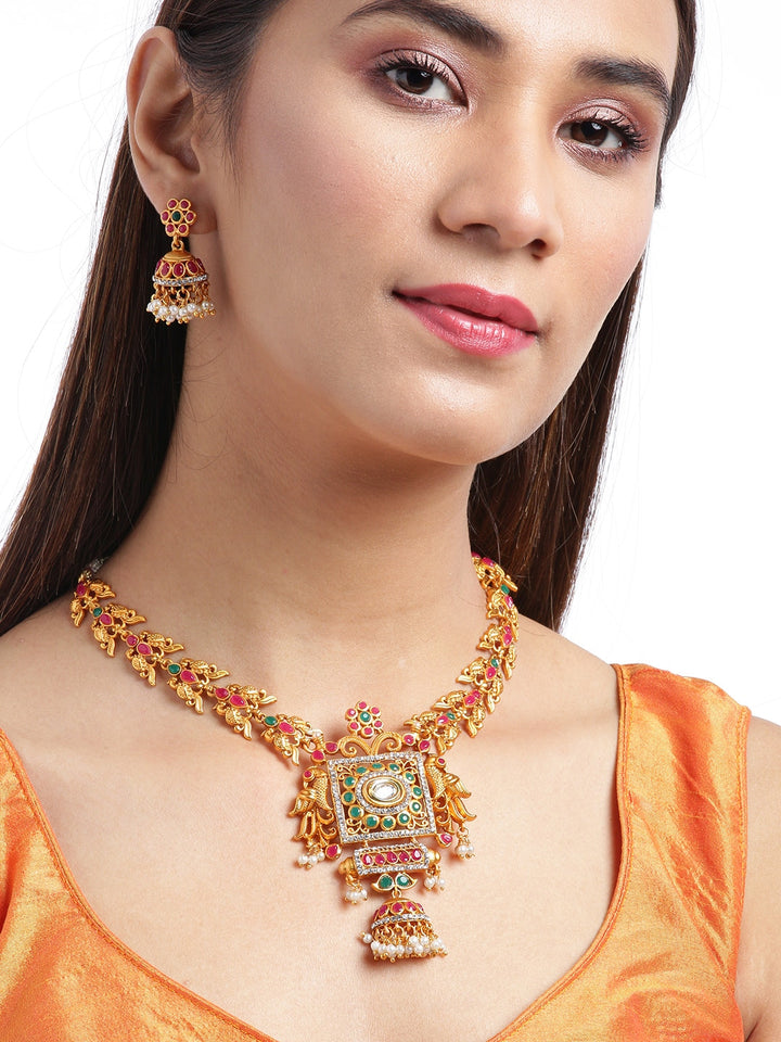Ruby Emerald Beads Stones Gold Plated Peacock Jewellery Set