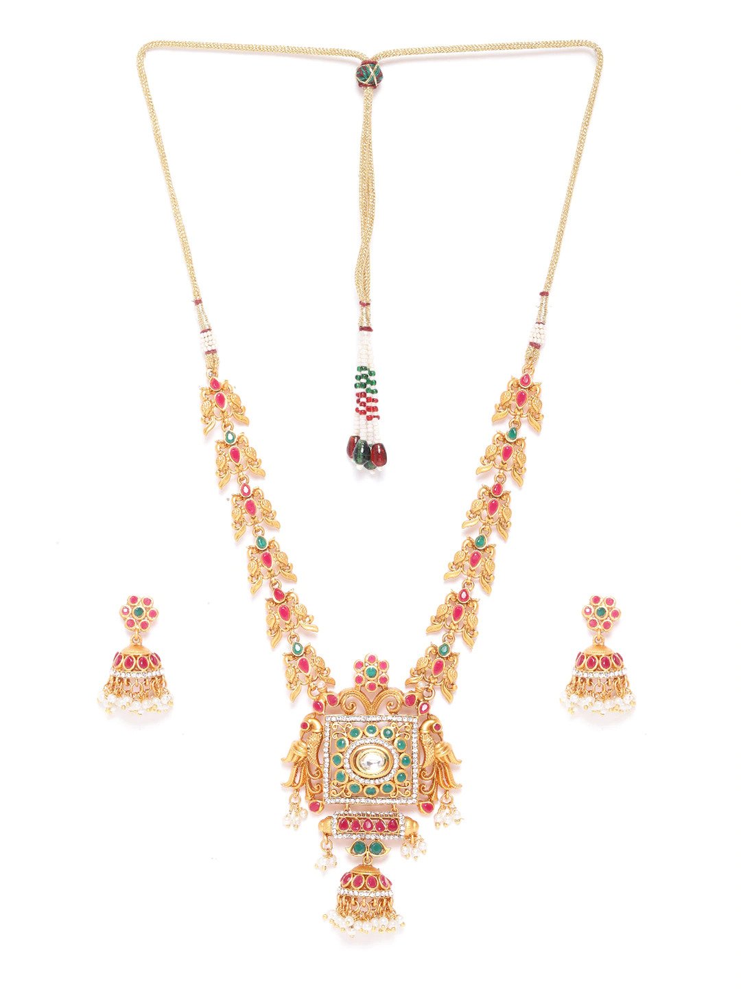 Ruby Emerald Beads Stones Gold Plated Peacock Jewellery Set