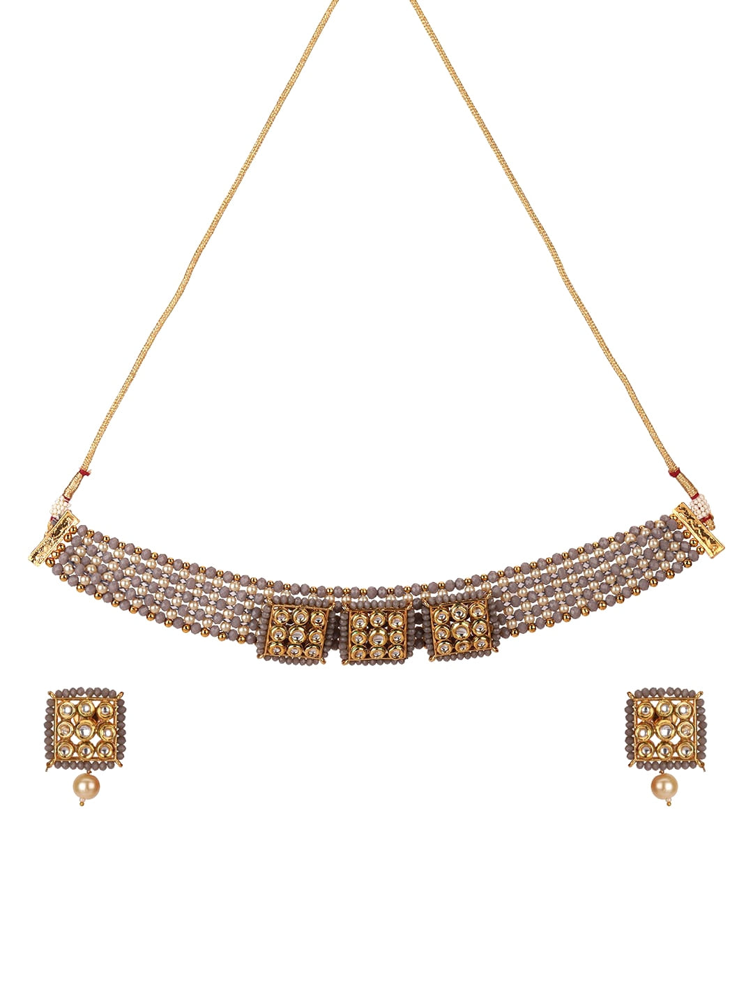 Grey Beads Kundan Pearls Gold Plated Jewellery Set