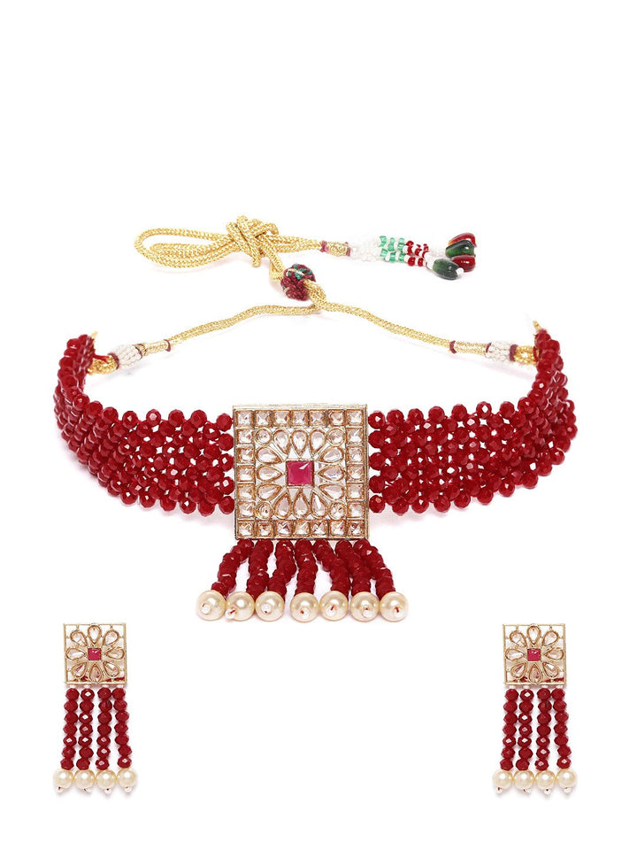 Red Beads Pearls Kundan Gold Plated Choker
